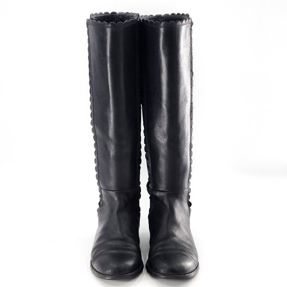 KATE SPADE Rayna Black Leather Knee-High Riding Boots Scallop Detail - Picture 3 of 10